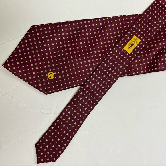 Gucci Designer Vintage Necktie Maroon Gray Squares G Logo 100% Silk - Picture 10 of 10